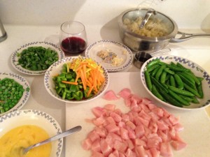 dinner prep: note all the different bowls, etc. I do a little bit at a time throughout the day, this was right before it was going into the pan. Pictured is the chicken fried quinoa from a couple of nights ago. 