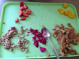 strawberries, lentils & rice, beet saurkraut, golden beets, and a cut up leftover pancake from the AM (almond flour, egg, flax seed, olive oil, baking powder & banana)