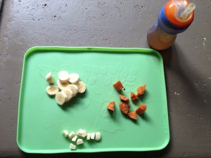 sweet potatoes roasted in coconut oil & cinnamon, banana slices & cheese with a side of 1 parts fresh apple juice & 3 parts water - simple, simple.  