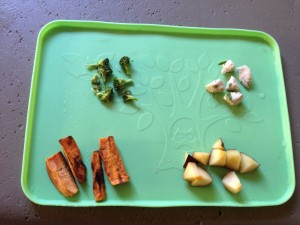 baked sweet potato wedges, roasted broccoli, chicken and plum 