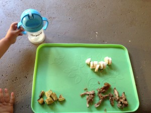 roasted golden beets, adobo slow cooker chicken with mushrooms & onions, and banana slices. Not pictured: rice - makes such a huge mess, I try to help him with it as much as he will let me. 