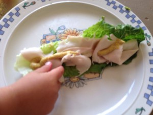 shared lunch with mama: turkey, avocado & tomato on romaine topped with deli mustard