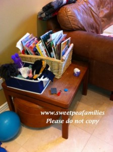 Book basket in the family room - I try to remember to rotate these out so there are always new treasures!