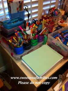 Our writing corner in the schoolroom - paper and lots of things to write/draw with :)